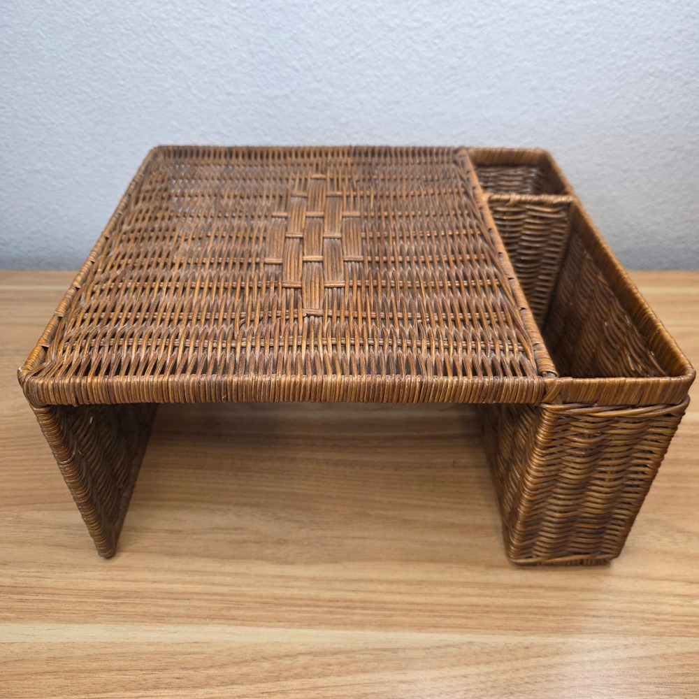 Vintage Wicker Rattan Breakfast Lap Tray Vanity Desk Organizer 70s 80s Boho Chic